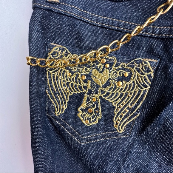 G-Unit Y2KVintage Super HighRise Embroidered Cross Wings Gold Chain Belt Jeans 3 - Picture 6 of 16